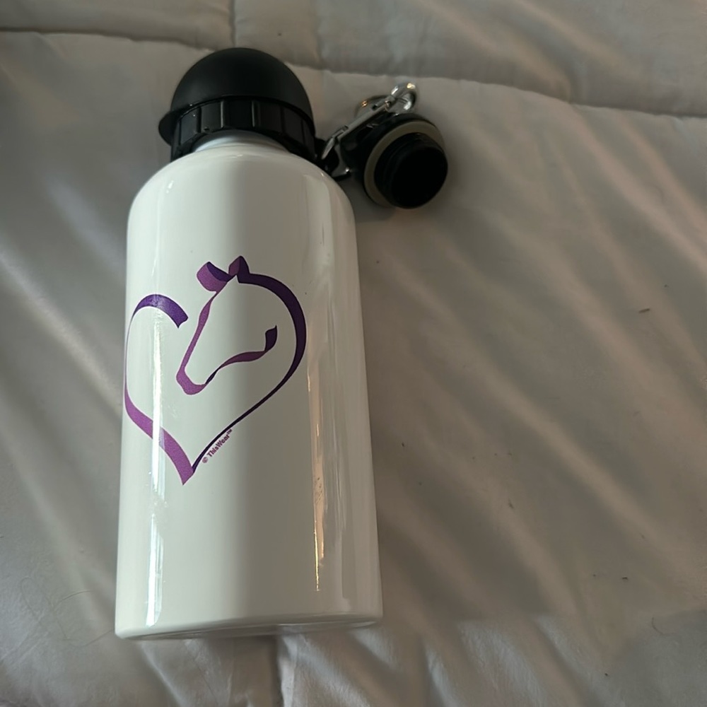 Purple white mini water bottle.
